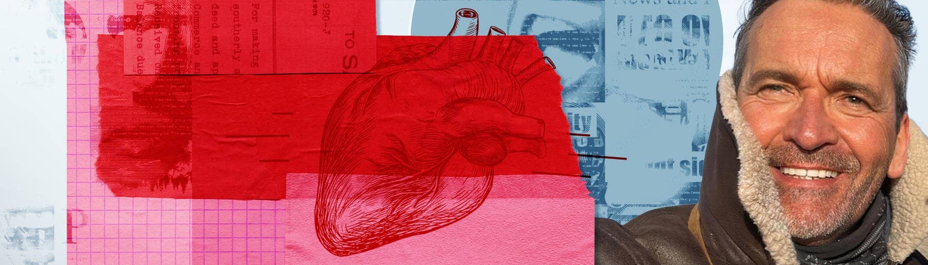 Mann mit grauem Stoppelbart vor Collage aus medizinischen Zeichnungen, die sein Herztransplantat symbolisieren (Foto: SWR3)
